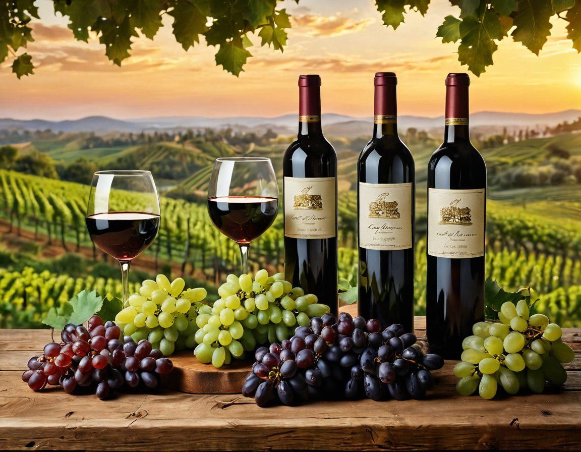 A beautifully arranged table showcasing various glasses of fine wine, surrounded by lush green vineyards under a golden sunset. Include grapes, wine bottles with elegant labels, and a rustic wooden background for warmth. The scene should evoke a sense of luxury and a passionate journey into the world of wines. super-realistic. vibrant colors. soft natural lighting.