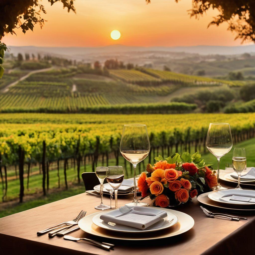 A beautifully set dining table featuring elegant wine glasses and gourmet dishes, with a stunning backdrop of a vineyard at sunset. The table is adorned with candles and fresh flowers, creating a warm and inviting atmosphere for a fine dining experience. A bottle of exquisite wine rests prominently, suggesting perfect pairings with the delectable food. The scene evokes a sense of luxury and sophistication. super-realistic. warm colors. soft focus.
