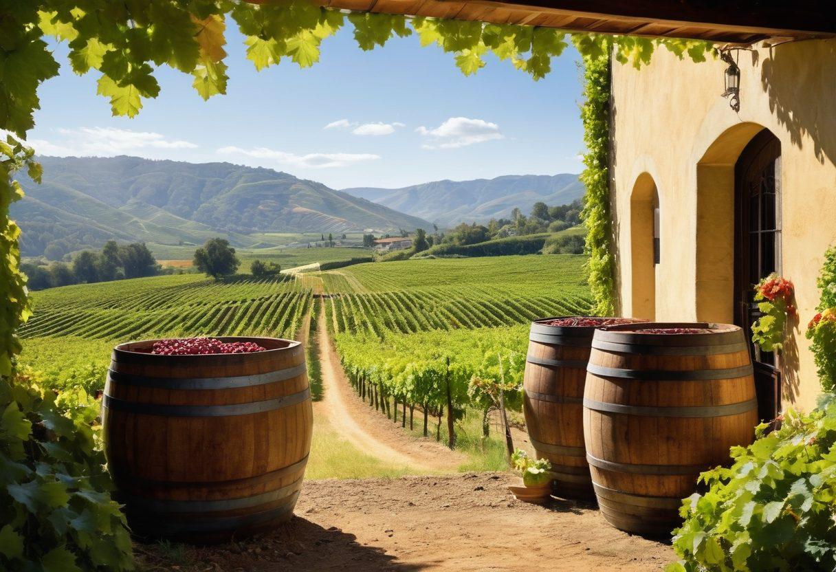 A scenic landscape of lush vineyards under a sunny sky, showcasing rows of grapevines heavy with ripe grapes. In the foreground, a couple is joyfully toasting with wine glasses, surrounded by vintage barrels. Include a distant view of a quaint winery building with lush hills in the background. Enhance the vibrancy of grapes and foliage to evoke a sense of adventure. super-realistic. vibrant colors. white background.